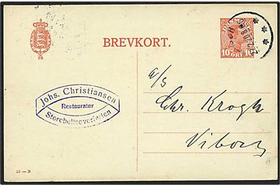 10 øre Chr. X helsagsbrevkort (fabr. 53-H) fra Korsør d. 27.2.1920 til Viborg. Fra Restauratør på Storebæltsoverfarten.