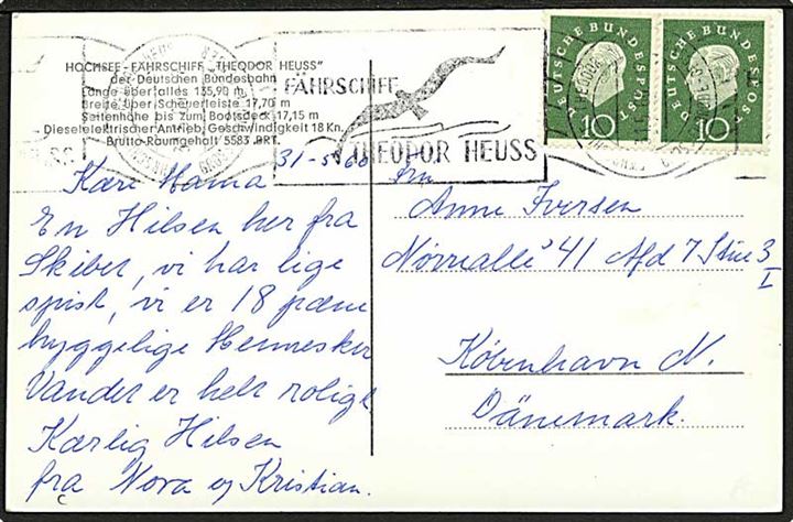 10 pfg. Heuss i parstykke på brevkort (M/F Theodor Heuss) annulleret med skibsstempel Fährschiff Theodor Heuss Grossenbrode - Gedser d. 31.5.1960 til København, Danmark.