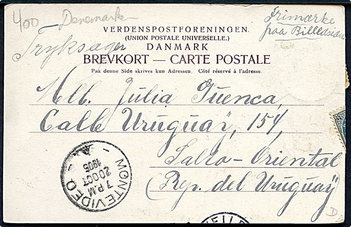 Vejle, Nørregade. U/no. Frankeret med 1 øre Våben og 4 øre Tofarvet sendt som tryksag fra Veile d. 28.9.1905 til Uruguay, Sydamerika.