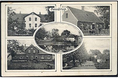 Havdrup, partier med Havdrupgaard, Kolonialhandlen, Højstrup, parti ved kirke og ved gadekær. H. Schmidt no. 27150.