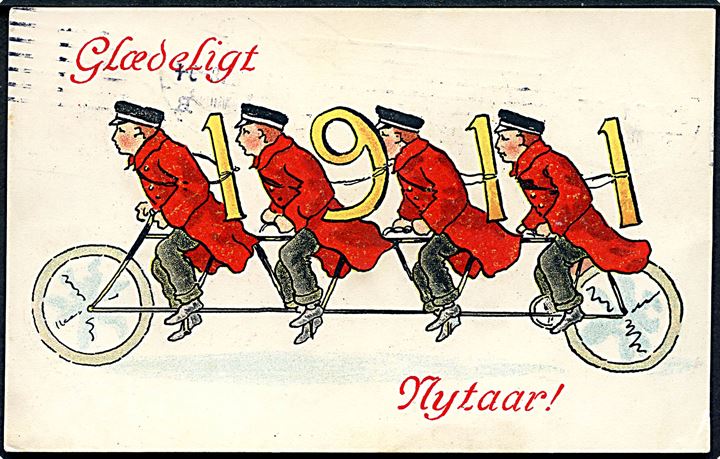 Årstalskort 1911 med cyklende postbude. A. Vincent serie 302/2. 