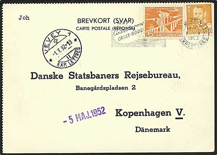 30 øre Fr. IX på svarbrevkort sendt fra Schweiz med 5 c. mærke stemplet Vevey d. 1.5.1952 til København, Danmark.