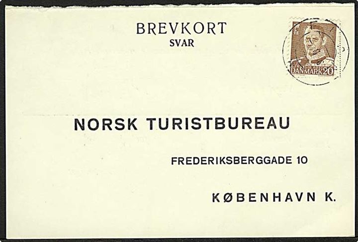 20 øre Fr. IX på svarbrevkort annulleret med norsk stempel Flan d. x.8.1956 til København, Danmark.
