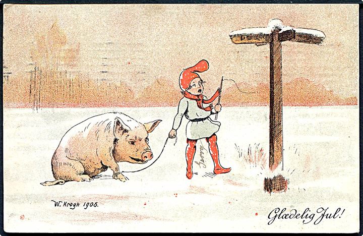 W. Krogh (Ludvig Møgelgaard): Nisse med gris. U/no.