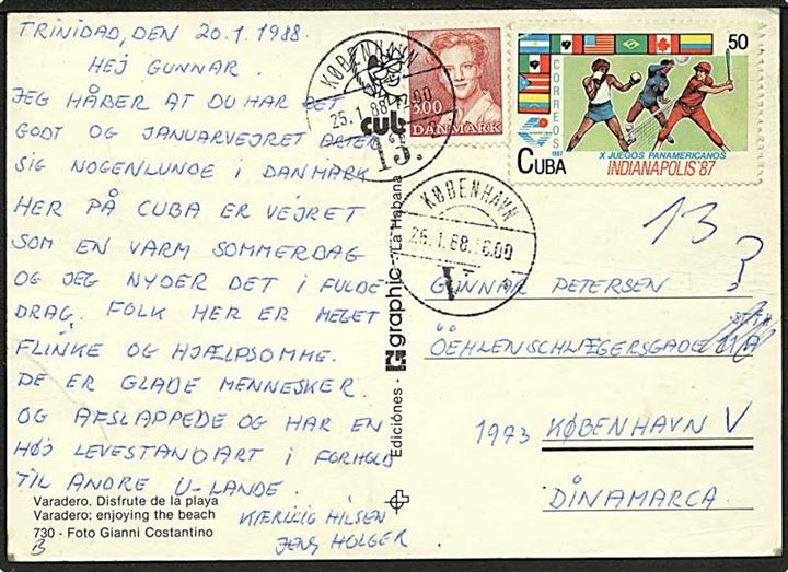 Cubansk 50 c. Idræt og dansk 3 kr. Margrethe på blandingsfrankeret brevkort stemplet København d. 25.1.1988 til København.