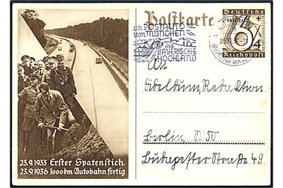 Hitler begynder anlæg af tyske Autobahn. 6+4 pfg. illustreret helsagsbrevkort anvendt i 1936.