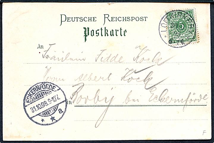 Løjt Kirkeby, Deutscher Krug. U/no. Frankeret med 5 pfg. Ciffer og annulleret Loit Kirkeby d. 30.10.1898.