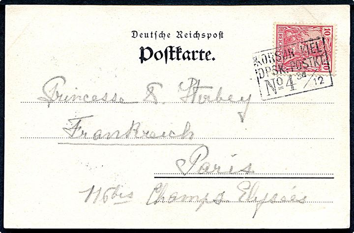 10 pfg. Germania på brevkort (Gruss vom Postdampfer Kiel-Korsör) annulleret med skibsstempel Korsør - Kiel DPSK:POSTKT: No. 4 d. 3.12.190x til Paris, Frankrig.