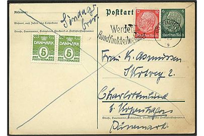 Tysk 6 pfg. helsagsbrevkort opfrankeret med 12 pfg. Hindenburg, samt dansk 5 øre Bølgelinie i parstykke og sendt som søndagsbrevkort fra Göttingen d. 16.5.1939 til Charlottenlund, Danmark.