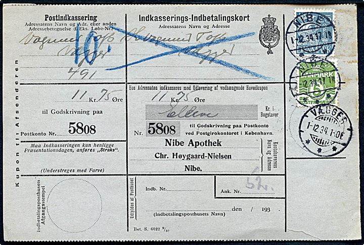 5 øre Bølgelinie og 25 øre Karavel på retur Indkasserings-Indbetalingskort fra Nibe d. 1.12.1934 til Vægger.