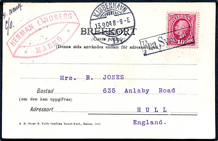 10 öre Oscar II på brevkort fra Malmö annulleret Fra Sverige (35 mm) og sidestemplet Kjøbenhavn *B.* d. 13.9.1904 til Hull, England.