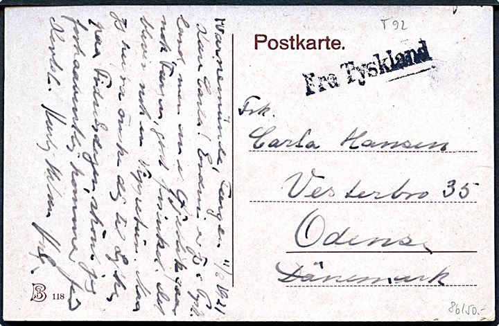 40 pfg. Germania i parstykke på billedside af brevkort dateret Warnemünde færge annulleret med bureaustempel Kjøbenhavn - Warnemünde T.92 d. 11.8.1921 og sidestemplet Fra Tyskland til Odense, Danmark.