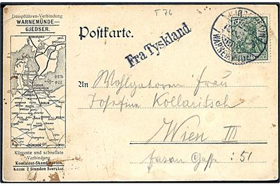 5 pfg. Germania (Spisesalon på færgen Mecklenburg) annulleret med bureaustempel Kjøbenhavn - Warnemünde T.76 d. 17.6.1906 og sidestemplet Fra Tyskland til Wien, Østrig.