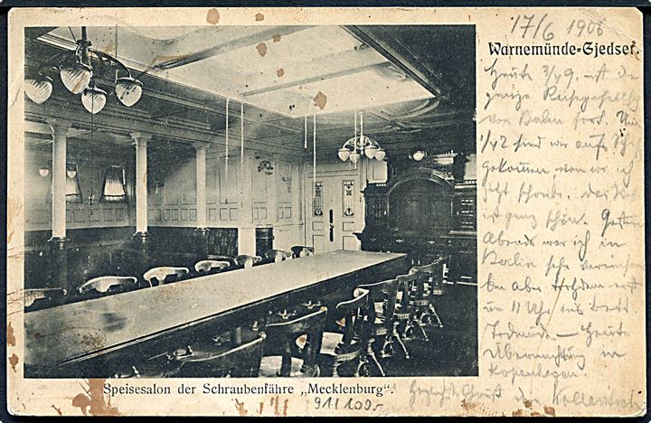 5 pfg. Germania (Spisesalon på færgen Mecklenburg) annulleret med bureaustempel Kjøbenhavn - Warnemünde T.76 d. 17.6.1906 og sidestemplet Fra Tyskland til Wien, Østrig.