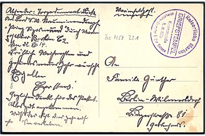 Ufrankeret feltpostkort dateret d. 22.12.1914 med briefstempel Kaiserlische Marine Kommando S. M. Hilfs-Streuminendampfer E der Ostsee til Berlin. Fra dampskibet Prinz Sigismund tidligere postdamper på Korsør-Kiel ruten.