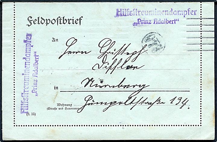 Ufrankeret feltpost med indhold dateret Kiel d. 5.10.1915 til Nürnberg. Afs.-stempel fra Hilfstreuminendampfer Prinz Adalbert - tidligere postdamper på Korsør-Kiel ruten.