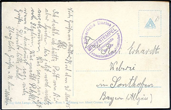 Ufrankeret feltpostkort dateret Kiel d. 30.5.1915 til Sonthofen. Briefstempel: Kaiserlische Marine Kommando des Hilfs-streuminendampfers Prinz Adalbert - tidligere postdamper på ruten Korsør-Kiel.