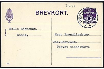 10 øre helsagsbrevkort (fabr. 134) fra Samsø annulleret med brotype IIc skibsstempel Koldby (Havn) d. 7.4.1940 til Middelfart.