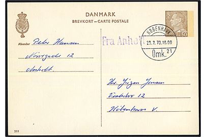 50 øre Fr. IX helsagsbrevkort (fabr. 211) annulleret København d. 23.7.1970 og sidestemplet violet Fra Anholt til København.