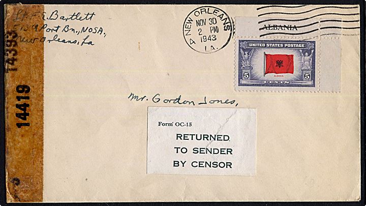 5 cents Albania på brev fra soldat ved 513th Port Bn. NOSA, New Orleans d. 30.11.1943 til England. Åbnet af amerikansk censur no. 14419 og 14393, samt returneret med etiket OC-15 Returned to sender by Censor.