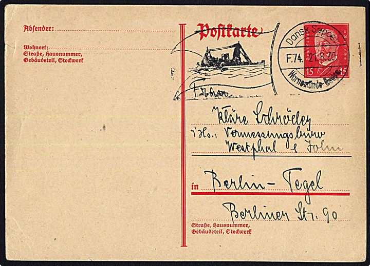 15 pfg. Hindenburg helsagsbrevkort annulleret med skibsstempel Dansk Søpost Warnemünde - Gedser F.74 d. 21.8.1930 til Berlin. Uden meddelelse på bagsiden.