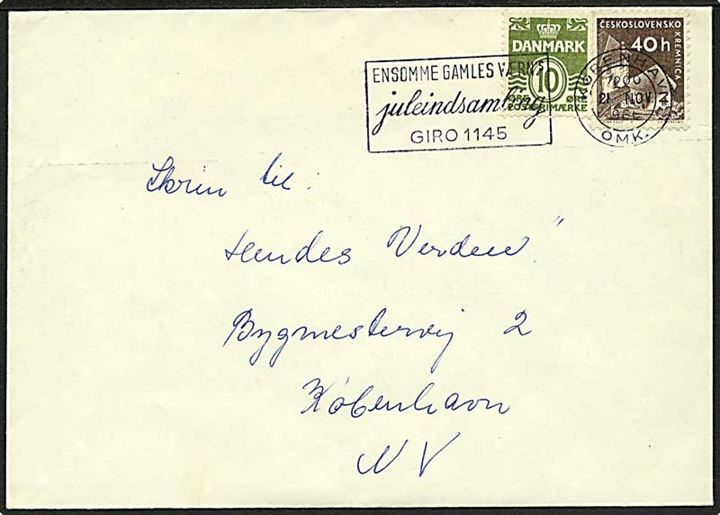 10 øre Bølgelinie og tjekkisk 40 h. mærke på blandingsfrankeret brev i København d. 21.11.1966. Ikke udtakseret i porto.