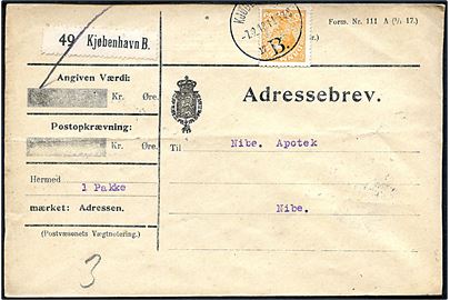 35 øre Chr. X med perfin AB påp adressebrev for pakke fra firma Alfred Banzon i Kjøbenhavn d. 7.12.1918 til Nibe.