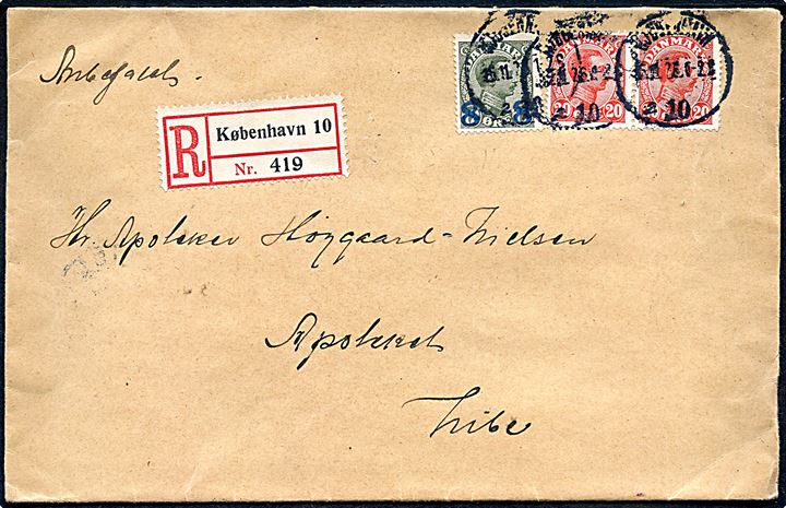 20 øre (par) Chr. X og 8/12 øre Provisorium på anbefalet brev fra Kjøbenhavn d. 16.11.1926 til Nibe.