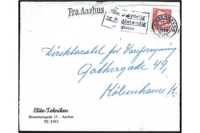 25 øre Fr. IX på brev annulleret med TMS i København d. 15.9.1950 og sidestemplet Fra Aarhus til København. Kuvert foldet under stempling.