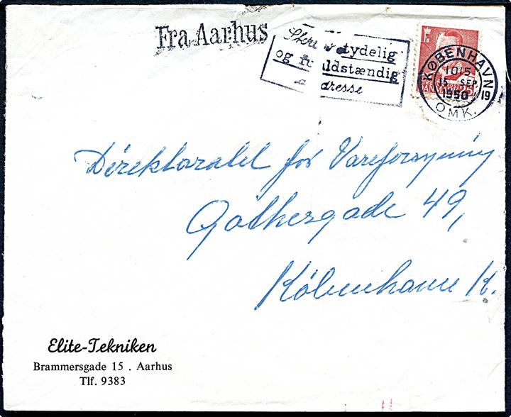 25 øre Fr. IX på brev annulleret med TMS i København d. 15.9.1950 og sidestemplet Fra Aarhus til København. Kuvert foldet under stempling.