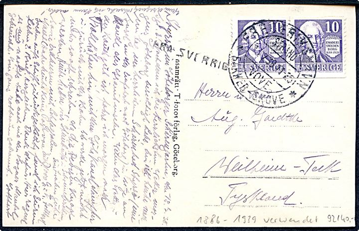10 öre Swedenborg i parstykke på brevkort fra Göteborg annulleret med turiststempel i Frederikshavn d. 13.7.1938 og sidestemplet Fra Sverrig til Tyskland.