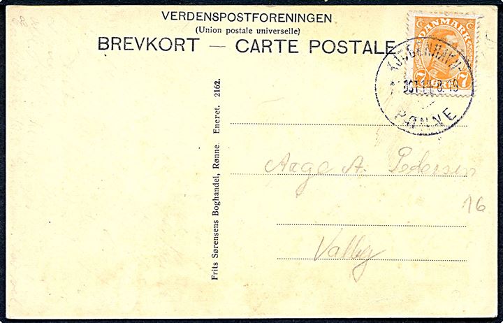 7 øre Chr. X på brevkort fra Rønne annulleret med sejlende bureaustempel Kjøbenhavn - Rønne 2 POST d. 14.8.1919 til Valby. Meddelelse bortvisket.
