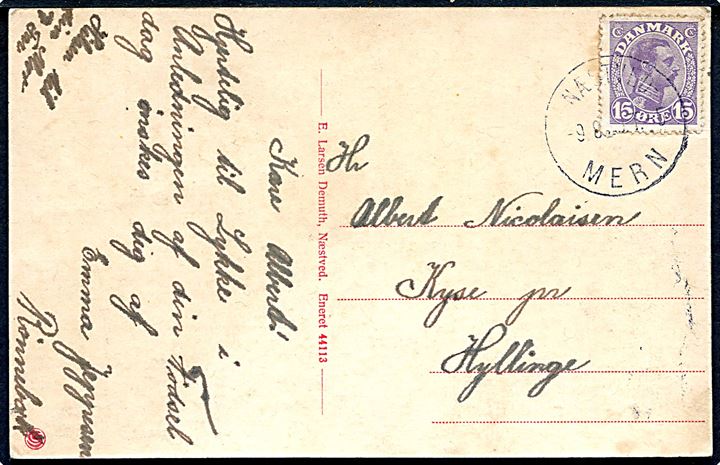 15 øre Chr. X på brevkort (Gisselfeld) annulleret med bureaustempel Næstved - Mern T.5 d. 9.8.1920 til Hyllinge.