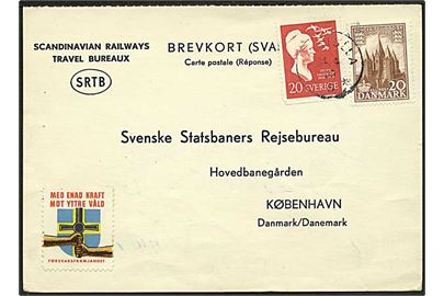 Dansk 20 øre 1000 års udg. og svensk 20 öre Lagerlöf på svarbrevkort fra Smölla d. 24.4.1959 til København.