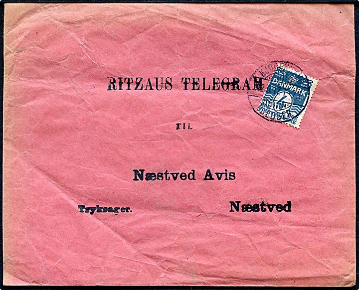 4 øre Bølgelinie på tryksag Ritzaus Telegram annulleret med bureaustempel Kjøbenhavn - Gjedser T.73 d. 12.6.1907 til Næstved Avis.
