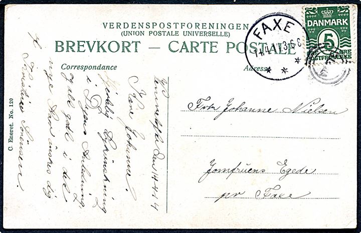5 øre Bølgelinie på brevkort annulleret med Esrom-type stempel VTOFTE og sidestemplet brotype IIIb Faxe d. 14.4.1914 til Jomfruens Egede pr. Faxe.