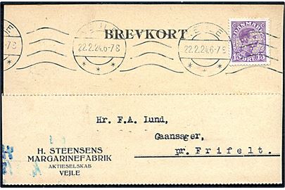 15 øre Chr. X med perfin H.S.V. på brevkort fra H. Steensens Margarinefabrig i Vejle d. 22.2.1924 til Frifelt.