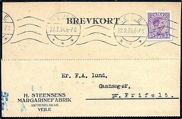 15 øre Chr. X med perfin H.S.V. på brevkort fra H. Steensens Margarinefabrig i Vejle d. 22.2.1924 til Frifelt.