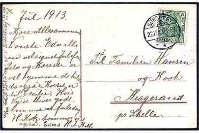 5 pfg. Germania på julekort annulleret Sönderby *** d. 22.12.1913 til Kragesand pr. Skelle.