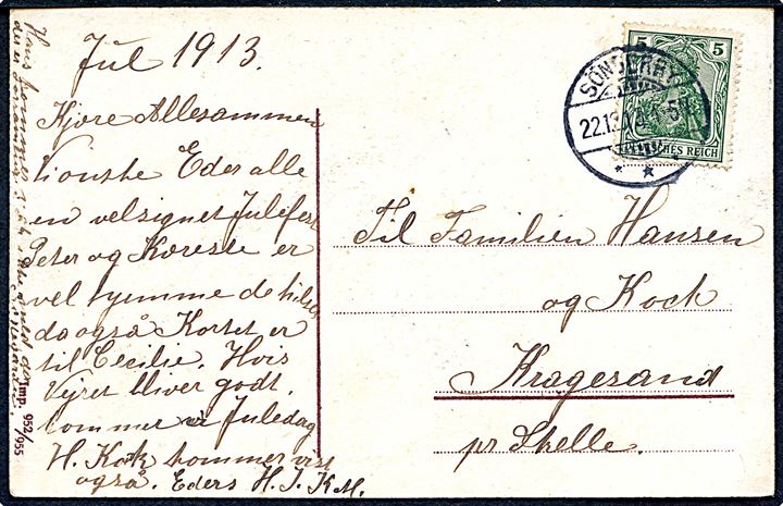 5 pfg. Germania på julekort annulleret Sönderby *** d. 22.12.1913 til Kragesand pr. Skelle.