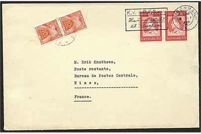 30 øre Fr. IX 60 år i parstykke på brev fra København d. 8.9.1959 til poste restante i Nimes, Frankrig. Fransk 10 f. Porto i parstykke som poste restante gebyr.