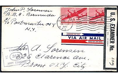 6 cents Transport i parstykke på luftpostbrev fra BBC Bermuda annulleret med feltpoststempel U.S. Army A.P.O. d. 14.4.1943 til New York, USA. Unit censor no. 313 og åbnet af amerikansk base censor.
