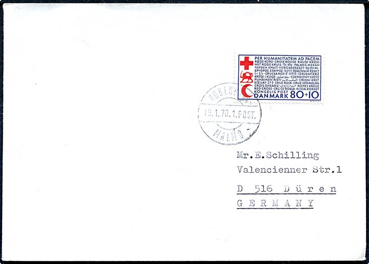 80+10 øre Røde Kors på brev annulleret med sejlende bureaustempel København - Malmø 1. POST d. 19.1.1970 til Düren, Tyskland.