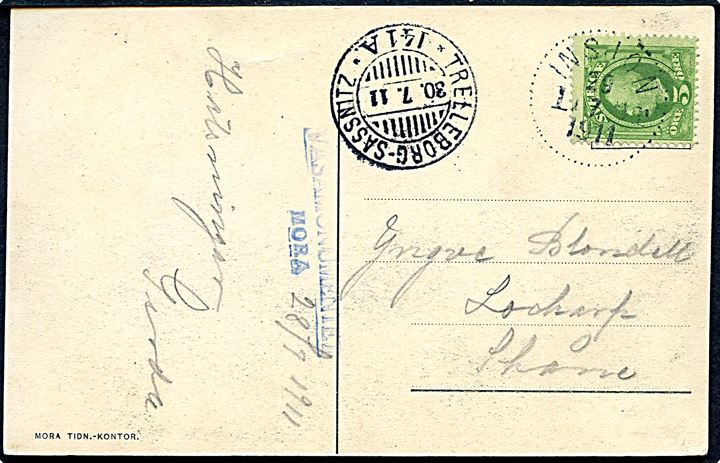 5 öre Oscar II på brevkort fra Insjön d. 29.7.1911 til Skåne. Øjensynlig fejlsendt til udlandet og transit stemplet Trelleborg - Sassnitz * 141A* d. 30.7.1911