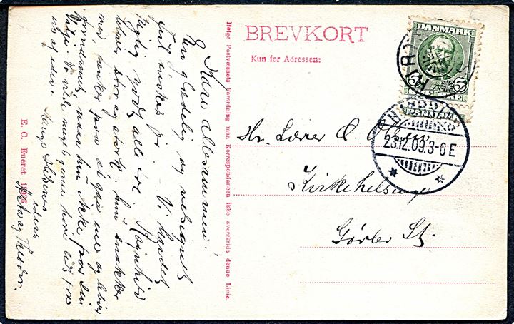 5 øre Fr. VIII på brevkort (Hirtshals kirke) annulleret med stjernestempel HIRTSHALS og sidestemplet Hjørring d. 23.12.1909 til Gørlev.