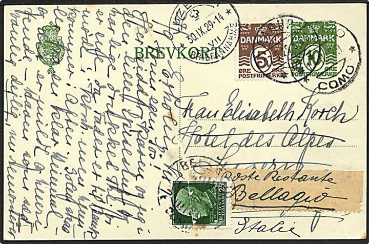 10 øre helsagsbrevkort (fabr. 93-H) opfrankeret med 5 øre Bølgelinie fra Aarhus d. 27.9.1929 til Luzern, Schweiz - eftersendt til poste restante i Bellagio, Italien med italiensk 25 c. mærke som poste restante gebyr.