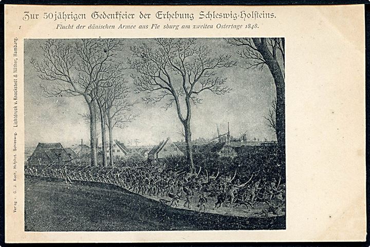 3-års krigen. Den danske hærs flugt fra Flensburg 1848. 50 års jubilæumskort. Knackstedt & Näther u/no.