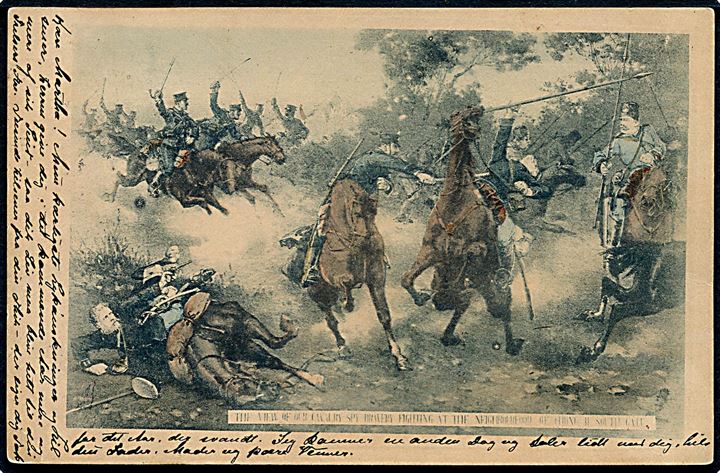 Kavaleri i kamp. Japansk fremstillet postkort anvendt i Danmark 1904.