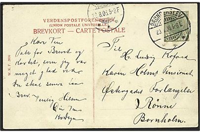 5 øre Chr. IX helsagsafklip anvendt som porto på brevkort stemplet Brønderslev d. 20.8.1906 til Rønne på Bornholm.