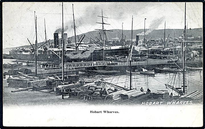 Australien, Hobart, havneparti med dampskibe. J. Walch & Sons.